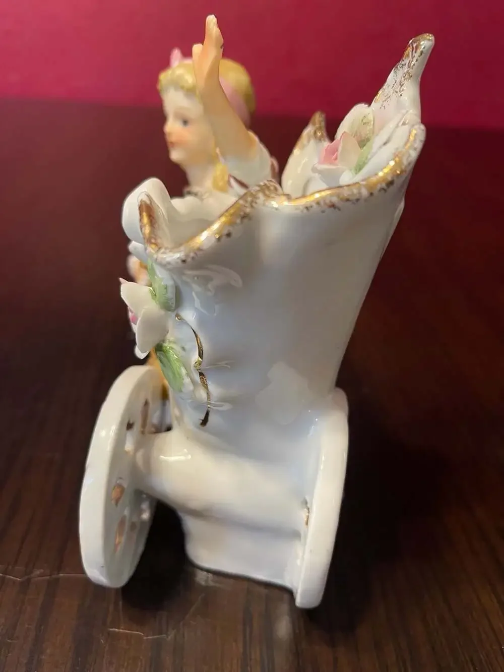 Vintage Porcelain Girl Pushing Floral Carriage Spill Vase Planter
